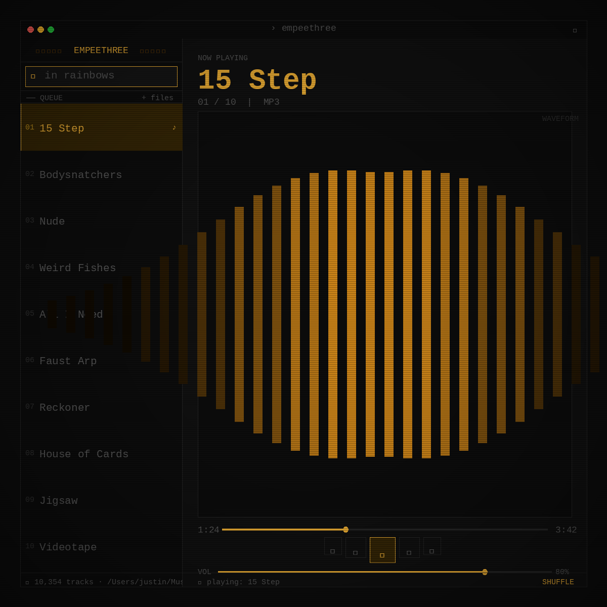 Empeethree now playing view with waveform visualizer