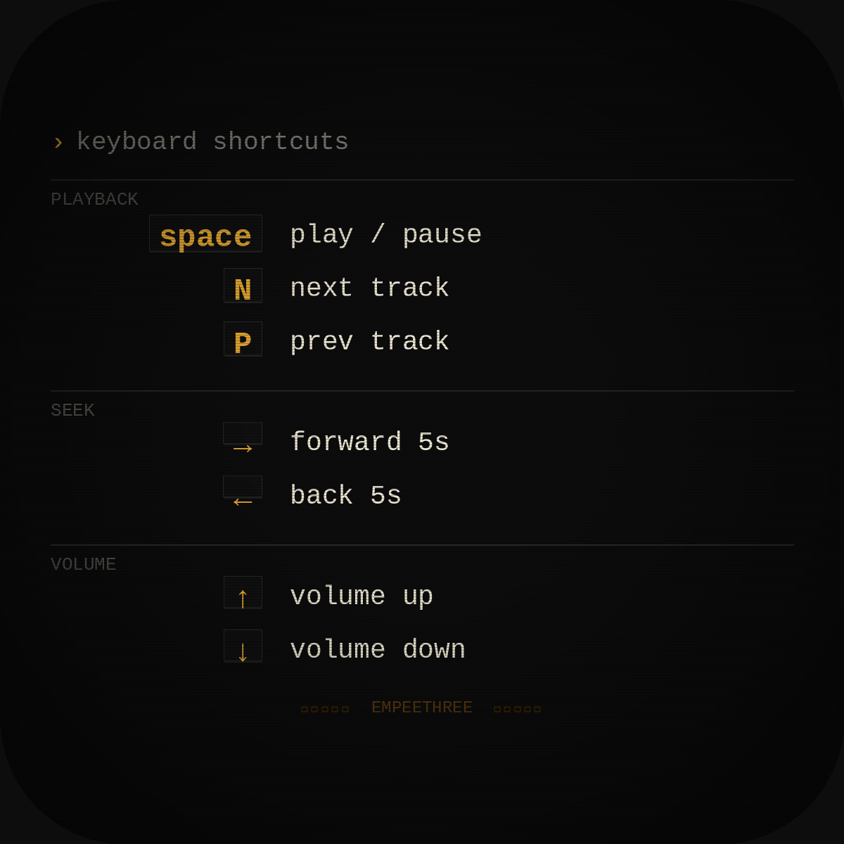 Empeethree keyboard shortcuts panel